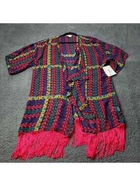 LulaRoe Monroe Kimono Womens  L Large Cardigan Red Fringe Multicolor y2K